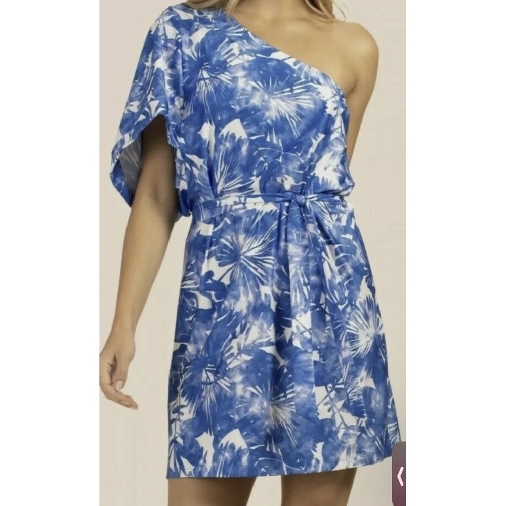 Trina Turk Basque Swim Dress Blue White‎ Tropical One Shoulder Cover Up XL NEW